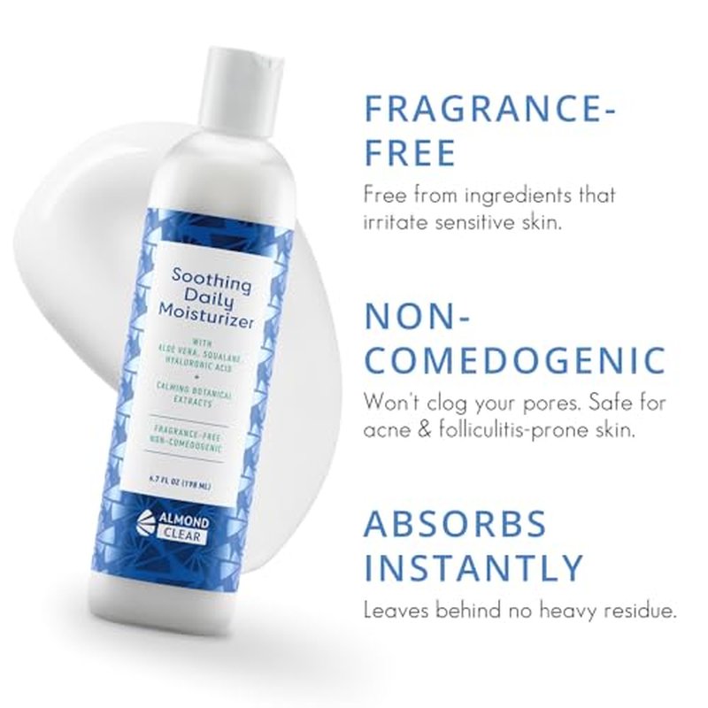 Almond Clear Soothing Daily Moisturizer | Lightweight Hydrating Moisturizer for Acne-Prone Skin on Face and Body | Mandelic Acid, Aloe Vera, Squalane, Hyaluronic Acid & Botanical Extracts | 6.7 oz