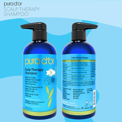 PURA D'OR Scalp Therapy Shampoo Hydrates & Nourishes Scalp Care Shampoo For Itchy Flaky-Scalp Tea Tree,Peppermint,Patchouli,Cedarwood,Clary Sage,Argan Oil 16oz(Packaging may vary)(00602)(Pack of 2)