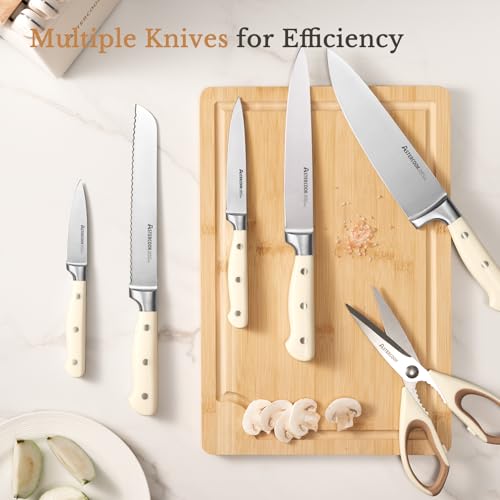 Cream White 14-Piece Kitchen Knife Set with Block & Sharpener - Full Tang Stainless Steel, Ergonomic Handle, Dishwasher Safe