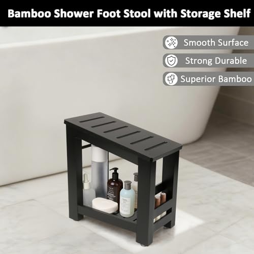 Bamboo Shower Foot Rest Stool for Shaving Legs & Pedicure, Non-Slip Bathroom Foot Step with Storage Pocket, Solid & Water-Resistant,Natural (Black)