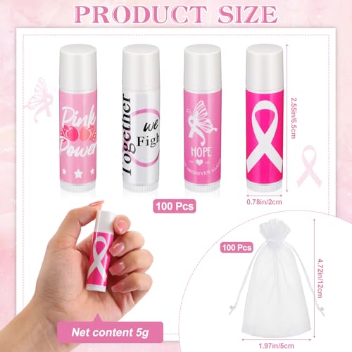 Fumete 50 Sets Breast Cancer Awareness Lip Balm Pink Ribbon Gift Bulk - Natural, Moisturizing, 4 Flavors, Includes Inspirational Quotes