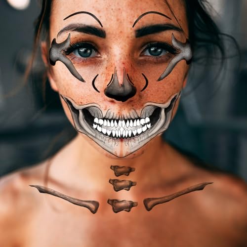 6-Pack Skull and Bone Temporary Tattoos for Men and Women, Adults ? Skeleton Face, Hand, Snake, and Collarbone Tattoos for Halloween Costume Cosplay and Party Makeup, Face Sticker