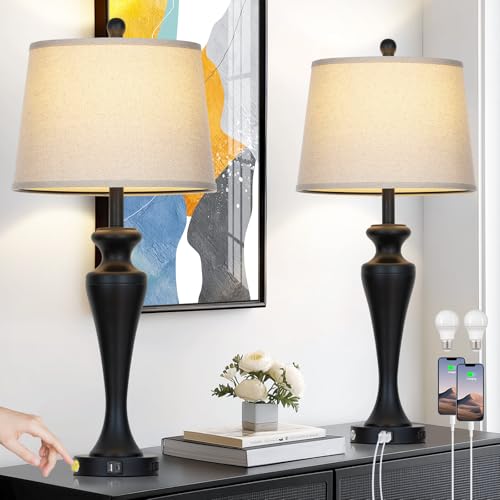 Black 30-Inch Modern Table Lamps Set of 2 with Touch Control & USB Ports