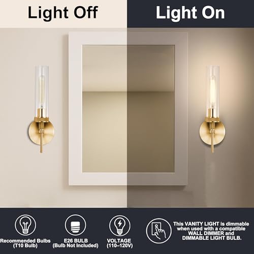 LaLuLa Gold-Clear Glass Vanity Lights Set of 2 Modern Industrial Bathroom Wall Sconces