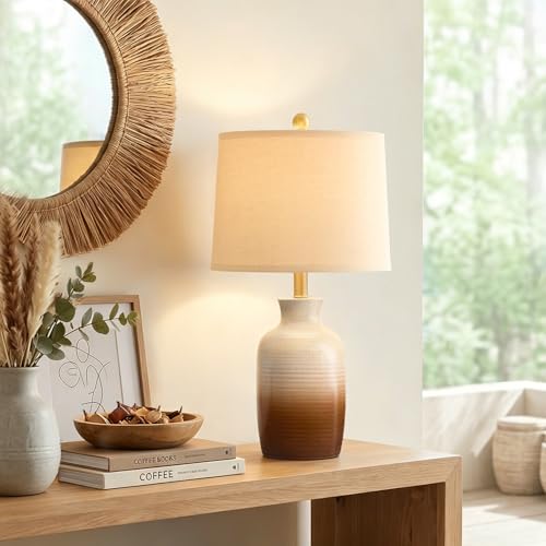 PoKat 24-Inch Farmhouse Ceramic Table Lamp - Beige & Brown Ombre for Living Room & Bedroom