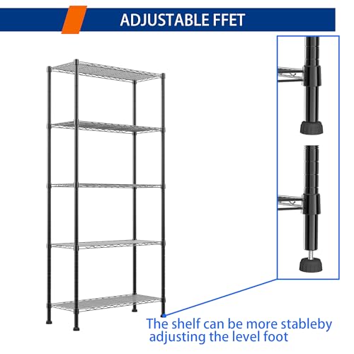 Black 5-Tier Adjustable Wire Shelving Unit - Heavy Duty Storage Rack for Kitchen, Bathroom, Laundry, Closet - 14.1"D x 30"W x 79"H