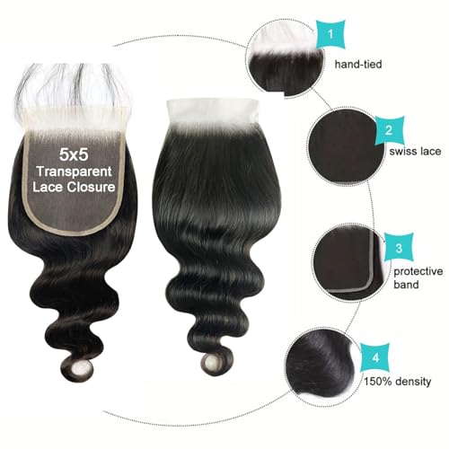 5x5 HD Lace Closure Human Hair 16 Inch Body Wave Natural Color - Bleached, Pre-Plucked