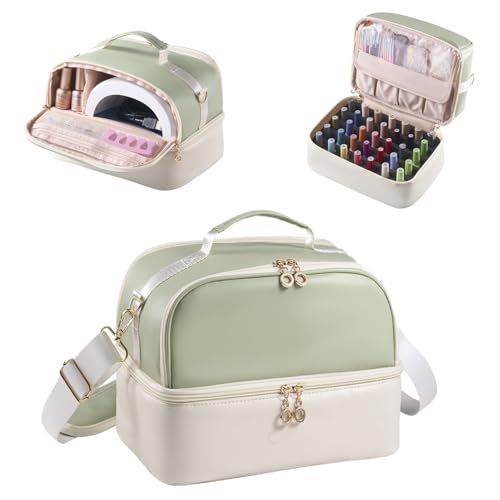 Travel Nail Polish Organizer Bag Holds 35 Bottles & Nail Lamp - Green & Beige