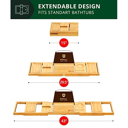 ROYAL CRAFT WOOD Bathtub Tray Caddy for Tub, Bamboo Bath Shelf, Premium Foldable Wood Bath Table, Expandable Bathtub & Bathroom Accessories, New Home Gifts for Mom, Housewarming, Anniversary, Wedding
