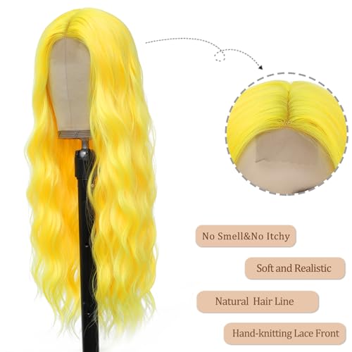 Yellow Wig Long Wavy Wig for Women 26in Middle Part Neon Yellow (Variation: Yellow) - YBYMCAI