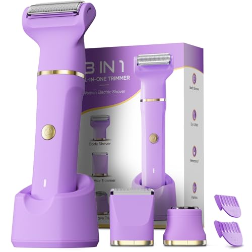 Bikini Trimmer for Women, Tiovara Painless Electric Razors Shaver IPX7 Waterproof Cordless Body Hair Trimmer Pubic Hair Removal with USB Charge Dock for Underarm Leg Arm Body Face Silk Skin (Purple)