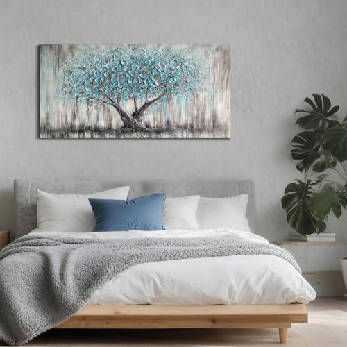 Blue Tree Wall Art Canvas - 48x24-Inch Tree of Life Nature Painting, Textured Modern Artwork - Bedroom & Living Room Decor Variation of THIS listing
