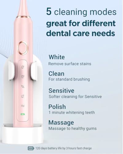Electric Toothbrush Set with 12 Replacement Heads & Travel Case – Black+Pink