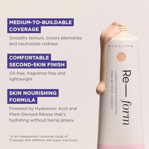 HALEYS Re-form Luminous Skin Foundation, VEGAN + CRUELTY-FREE, Blurs, Conceals, Blendable, Buildable Med-to-Full Coverage, Weightless, Oil-free, All-Day Wear, Hyaluronic Acid, All skin types (2.5)