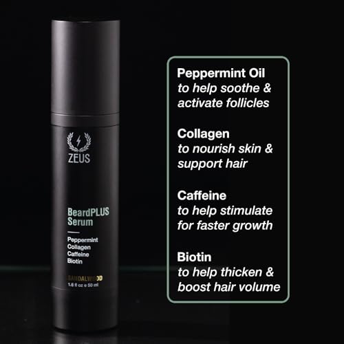 ZEUS BeardPlus Growth Serum for Men, Refined Beard Oil with Biotin, Caffeine & Collagen for Thicker, Fuller, Softer Facial Hair & Healthy Skin Care (Made in USA) 1.6 oz