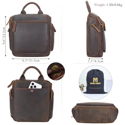 Masa Kawa Brown Leather Travel Hanging Toiletry Bag for Men – Large