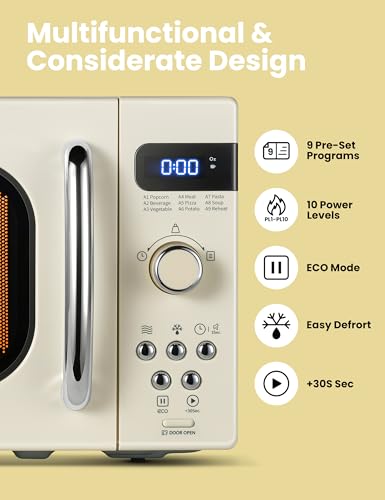 Retro Microwave Oven 0.7 Cu.Ft 700W with 9 Preset Menus Cream Compact Kitchen Appliance