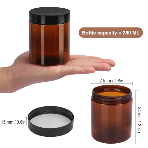 KUKLIPJIM Brown Plastic Jars 8 oz (250 ml) Pack of 30 with Black Lids | Wide-Mouth Cosmetic & Storage Containers