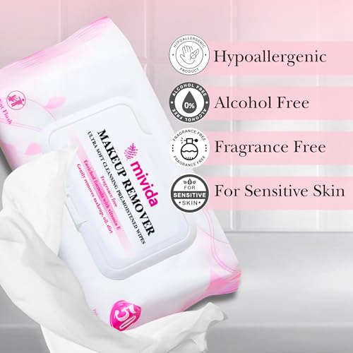 mivida Hypoallergenic Makeup Remover Wipes with Vitamin E 5x50 count Total 250 bulk makeup removing wipes | For Sensitive Skin | Fragrance Free | Alcohol Free
