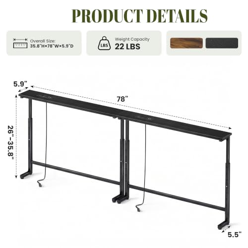 Black Adjustable Height Narrow Sofa Console Table with Charging Station - 78 Inch Variation