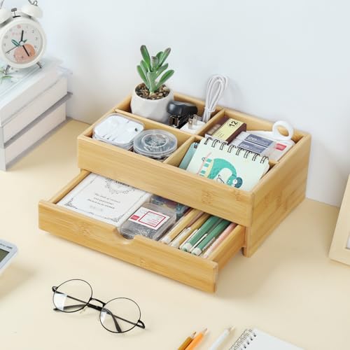 Large Bamboo Makeup Organizer with Drawer - Wooden Vanity Storage for Bathroom & Bedroom