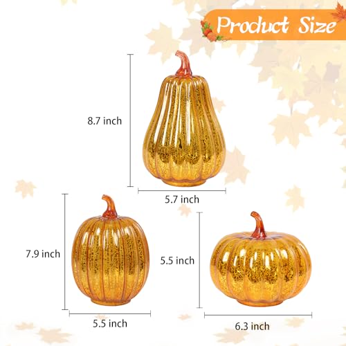 Gold Mercury Glass Pumpkin Lights - 3PCS Halloween Fall Decor with Timer
