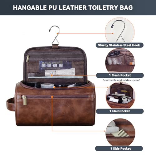 Light Brown Leather Travel Toiletry Bag for Men with Hanging Hook - Small Organizer
