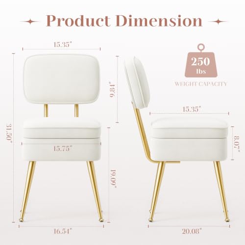 Beige Velvet Vanity Chair with Storage & Gold Legs - No Wheels, Modern Bedroom Makeup Stool