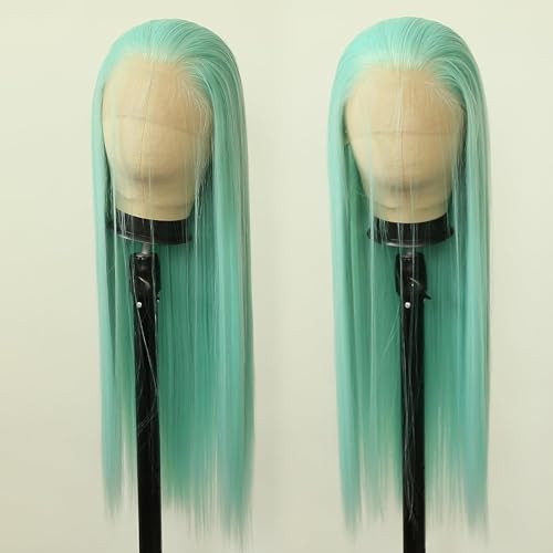 24 Inch Mint Green Lace Front Wig for Women Long Straight Heat-Resistant Synthetic Hair