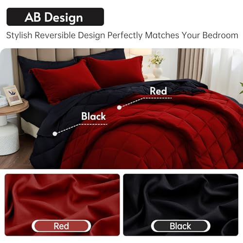 Oversized King Reversible Comforter Set 7-Piece Bed in a Bag - Red & Black, 120x98