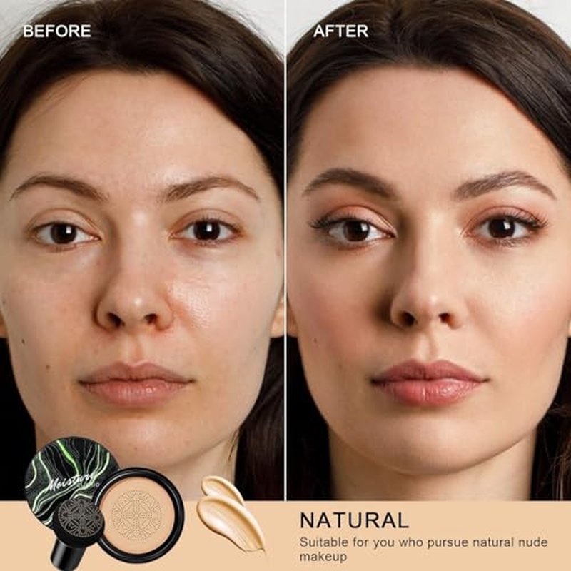 Air Cushion CC Cream Mushroom Head Foundation, Moisturizing BB Cream Concealer, Long-Lasting & Waterproof Makeup Base Primer, Even Skin Tone for All Skin Types (Natural)