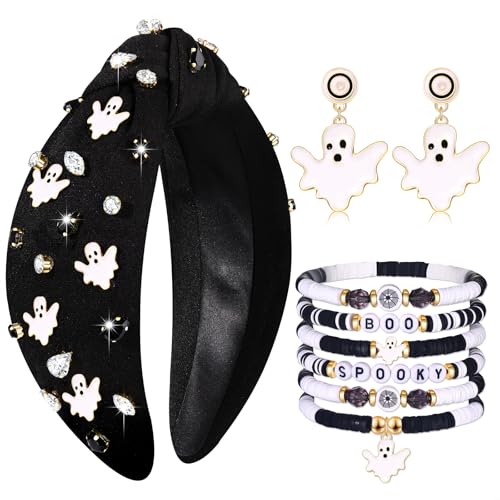 Halloween Headbands & Accessories - Jeweled Ghost Candy Corn Knotted Headband, Bracelets, Earrings & Hair Accessories for Women - Halloween Outfits (Pattern A)
