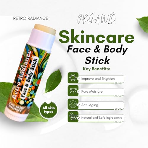 Retro Radiance Pure Skin Moisture Face and Body Stick,All Natural Organic Skincare,anti ageing,jojoba,coconut,coccoa butter,vegan,fragrance free,lips,tattoo,hands,heels,made in USA