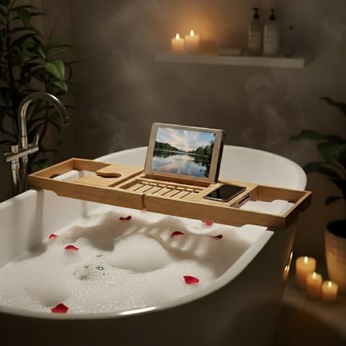 Bamboo Bathtub Caddy Tray - Adjustable Extending Wood Sides for Any Bath or Jacuzzi - Home-Complete