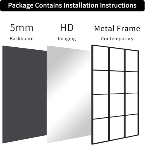 Dewfig 47x30 Inch Rectangle Wall Mirror with Black Metal Frame Windowpane Design - Variation: Windowpane-rm