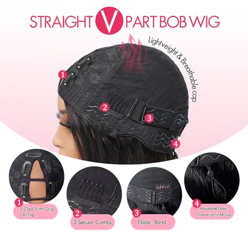 12 Inch V Part Human Hair Bob Wig for Black Women - Glueless, Beginner Friendly