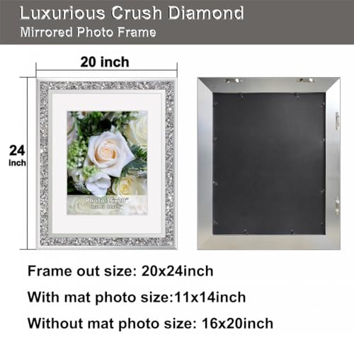 ALLARTONLY 16x20 Inch Crushed Diamond Photo Frame Set - Silver Wall Picture Frames with Mat for 11x14 Photos, 2 Pack