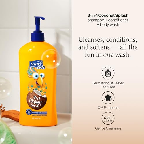 Suave Kids 3-in-1 Tear Free, Body Wash, Shampoo and Conditioners, Dermatologist Tested, Coconut Splash, 18 Oz Pack of 6