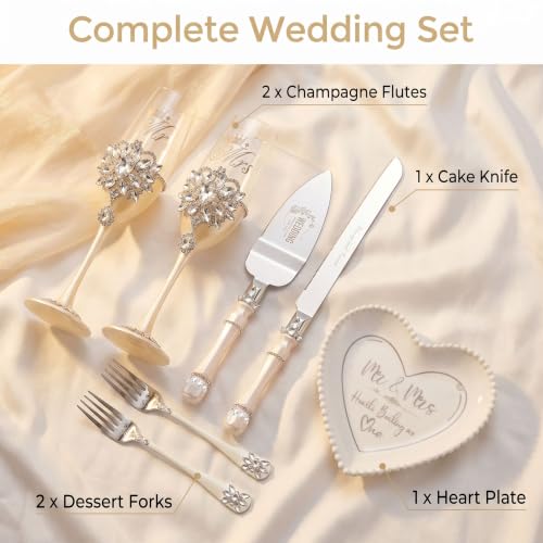 Wedding Cake Cutting Set with Crystal Champagne Flutes - Silver Variation