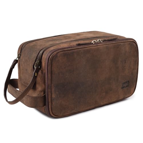 Leather Toiletry Dopp Kit Bag for Men & Women - Rustic Brown, 10in
