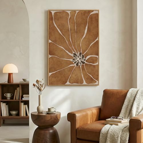 36x24 Inch Framed Boho Abstract Floral Wall Art for Living Room - Brown Neutral