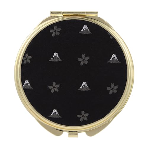 FORTUNA Tokyo Compact Mirror, Nishijin Textile Silk Hand Mirror, Double-Sided Mirror, Magnifier, Made in Japan, Round Size, Mt. Fuji and Cherry Blossom Pattern -18, Hokusai (Black/Gold)