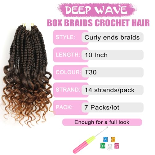 QANSFA Deep Wave Crochet Hair 10 Inch for Black Women, Curly Ends, Pre-Looped, 7 Packs, Black to Light Auburn