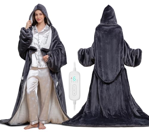 U.Seizeyes Gray Wearable Heated Blanket with Foot Pockets & Hood, 8 Heat Levels
