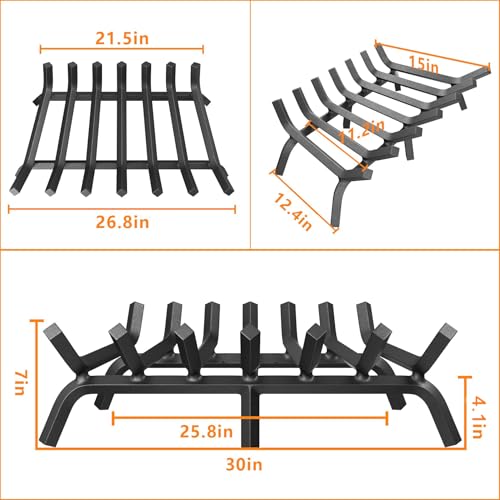 30-Inch Fireplace Grate Solid Steel Heavy Duty Log Holder for Indoor & Outdoor Fires