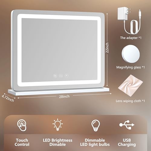 Round White LED Makeup Vanity Mirror with USB Charging, 10X Magnification, Dimmable Lights