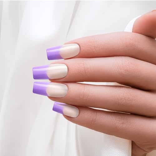 KISS Acrylic French False Nails Kit, Long Square Shape Design Nail, Purple Color French Tip Nails, Ready to Wear Gel & Manicure Stick Included, Long-Lasting Convenient & Easy to Apply