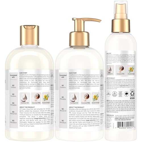 SheaMoisture Shampoo & Conditioner + Leave-in Treatment, Daily Hydration with Coconut Oil, Hair Detangler, Frizz Control, Cruelty-Free (3 Piece Set)