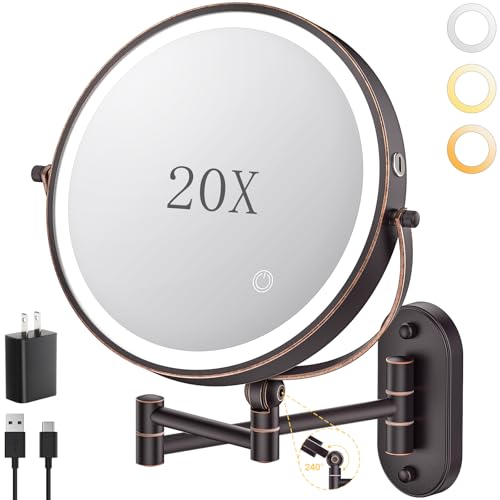 9" Wall Mounted Lighted Makeup Mirror,4000mAh Rechargeable Double Sided 1X/20X Magnifying Mirror with Light,Touch Dimmable,Extended Arm 360 Rotation Wall Mounted Makeup Mirror 3 Color Lights-Bronze