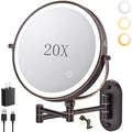 9" Wall Mounted Lighted Makeup Mirror,4000mAh Rechargeable Double Sided 1X/20X Magnifying Mirror with Light,Touch Dimmable,Extended Arm 360 Rotation Wall Mounted Makeup Mirror 3 Color Lights-Bronze